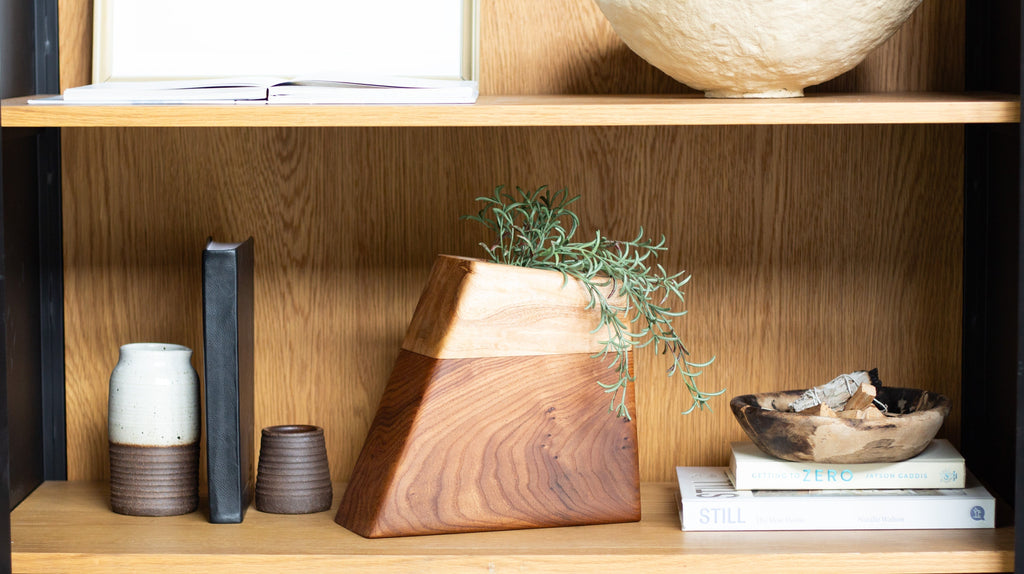 Modern wooden cremation urn with plant holder handcrafted by Boyce Studio