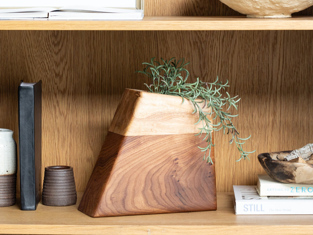 Large Planturn in California Elm & Hickory holding a succulent on a wooden shelf.
