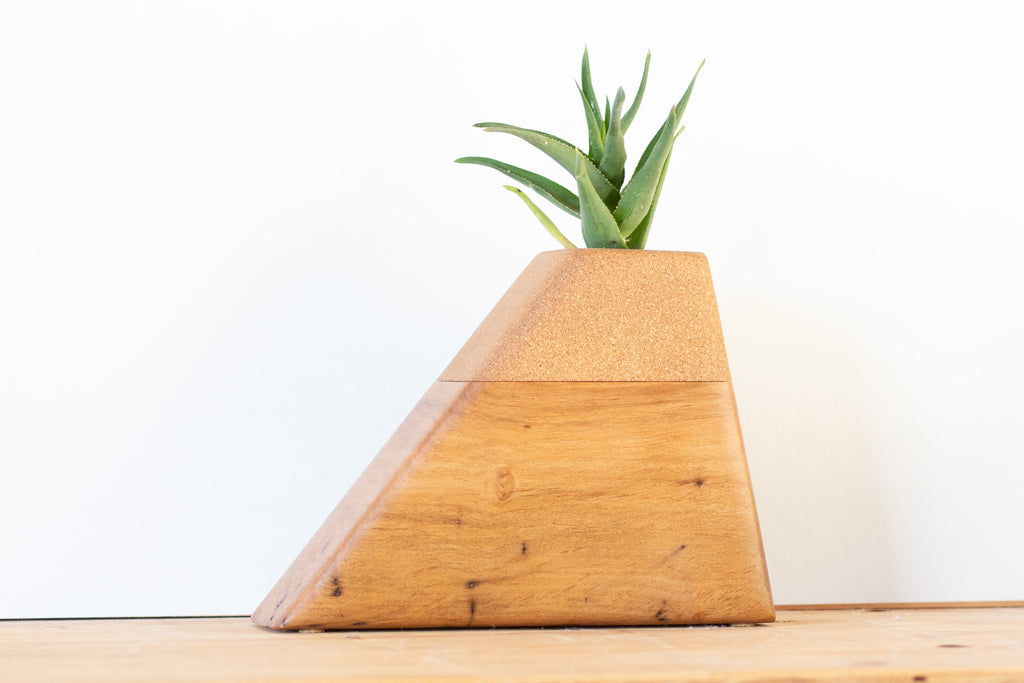Handmade modern cremation urn crafted from California Alder and Cork, featuring a geometric design with a dedicated space on top for a small plant—offering a living tribute to a loved one’s memory.