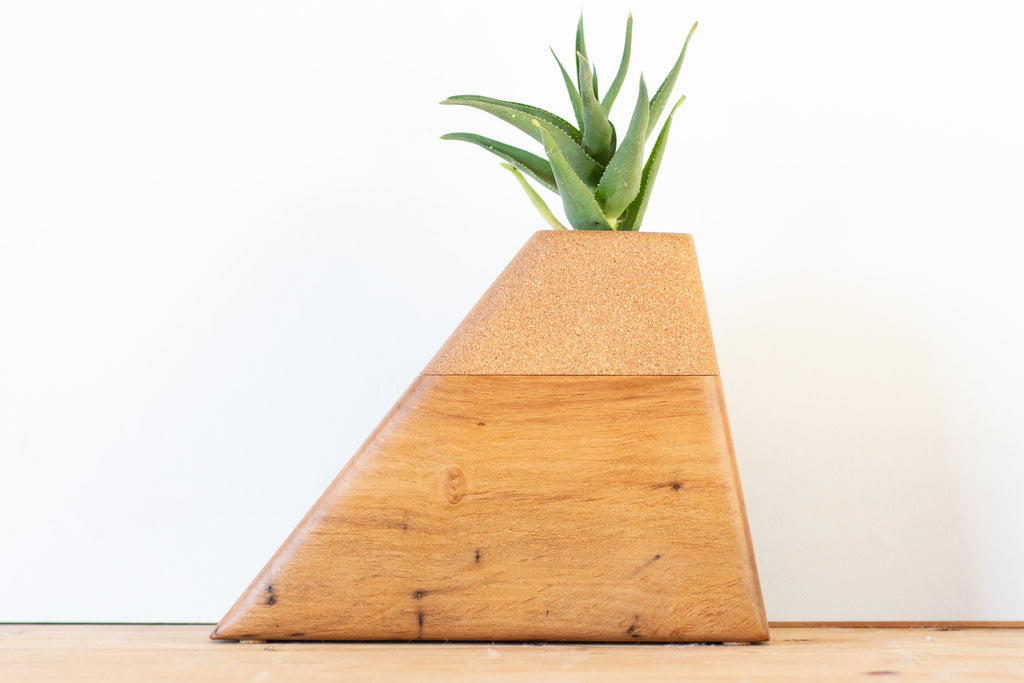 Handmade modern cremation urn crafted from California Alder and Cork, featuring a geometric design with a dedicated space on top for a small plant—offering a living tribute to a loved one’s memory.