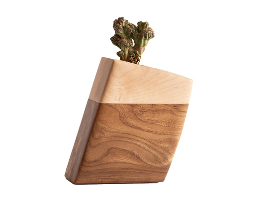 Handmade wooden vase combining light maple and dark wood, featuring a small plant, perfect for modern decor.