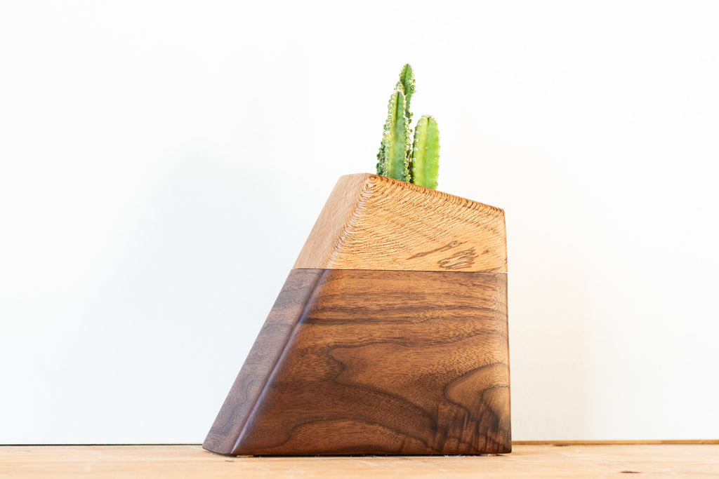 Handmade cremation urn crafted from rescued Live Oak and FSC-certified Walnut, featuring a modern geometric design with a recessed plant holder on top. Natural spalting in the Oak adds organic texture, creating a unique and living tribute.