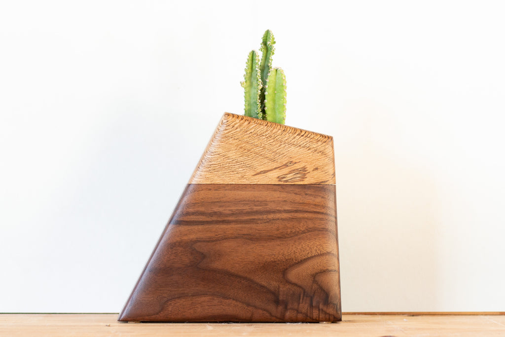 Handmade cremation urn crafted from rescued Live Oak and FSC-certified Walnut, featuring a modern geometric design with a recessed plant holder on top. Natural spalting in the Oak adds organic texture, creating a unique and living tribute.