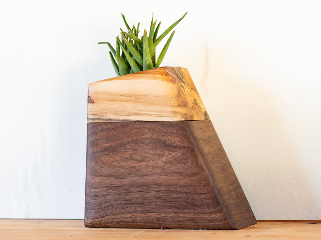 Modern cremation urn handcrafted from rich, FSC-certified Walnut with a minimalist, sculptural design. Features a hidden compartment for ashes and a recessed space on top for a living plant, blending natural materials with contemporary aesthetics.