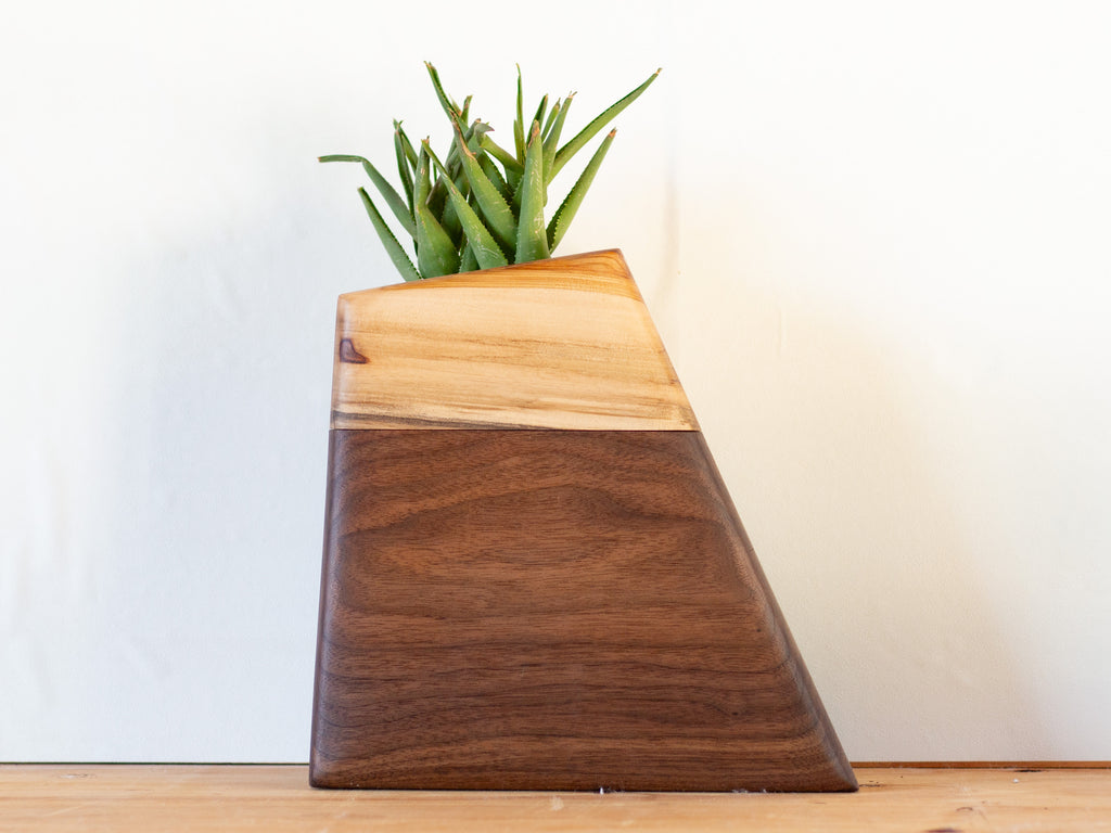 Modern cremation urn handcrafted from rich, FSC-certified Walnut with a minimalist, sculptural design. Features a hidden compartment for ashes and a recessed space on top for a living plant, blending natural materials with contemporary aesthetics.
