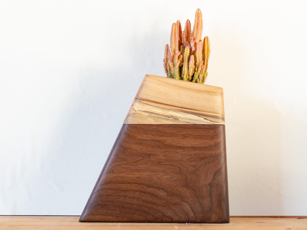 Modern cremation urn handcrafted from rich, FSC-certified Walnut with a minimalist, sculptural design. Features a hidden compartment for ashes and a recessed space on top for a living plant, blending natural materials with contemporary aesthetics.