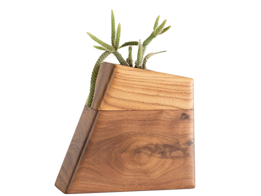 Handmade modern cremation urn for pets crafted from rescued California Elm and FSC-certified Black Walnut. It features a sculptural, geometric design with a recessed plant holder on top and a secure lower compartment for ashes, sealed with hidden magnets.